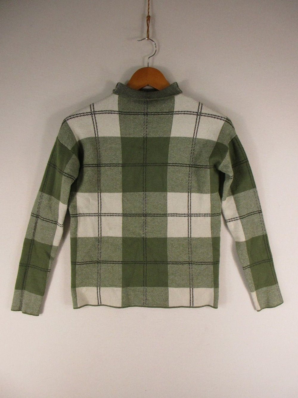 Rachel Zoe Sweater Womens XS Green White Plaid Knit Cardigan Long Sleeve Collar