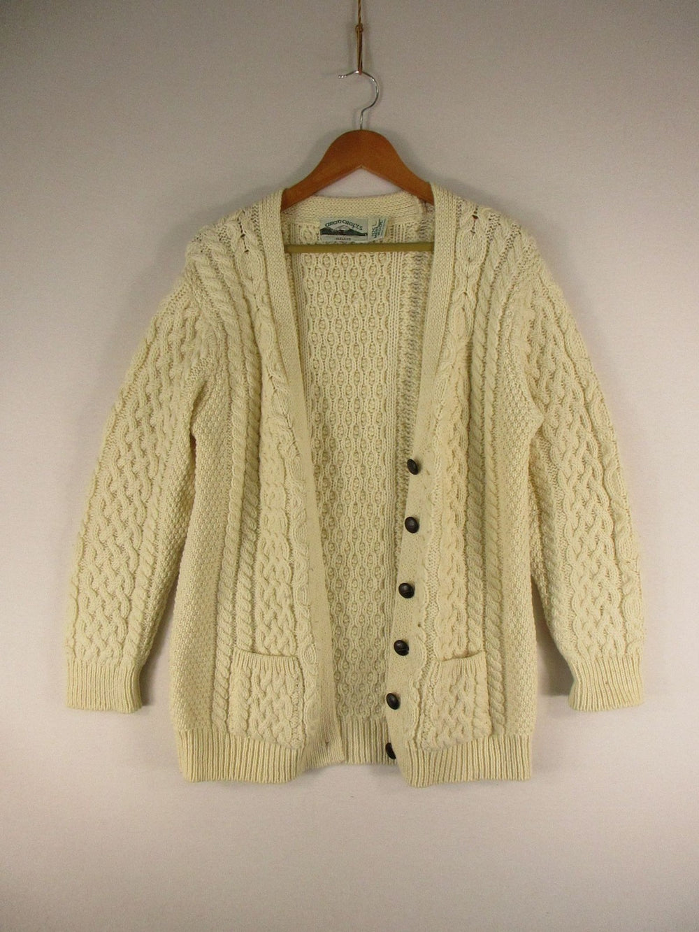 AranCrafts Cardigan Womens L 100% Merino Wool Cable Knit Pockets Cream Ireland
