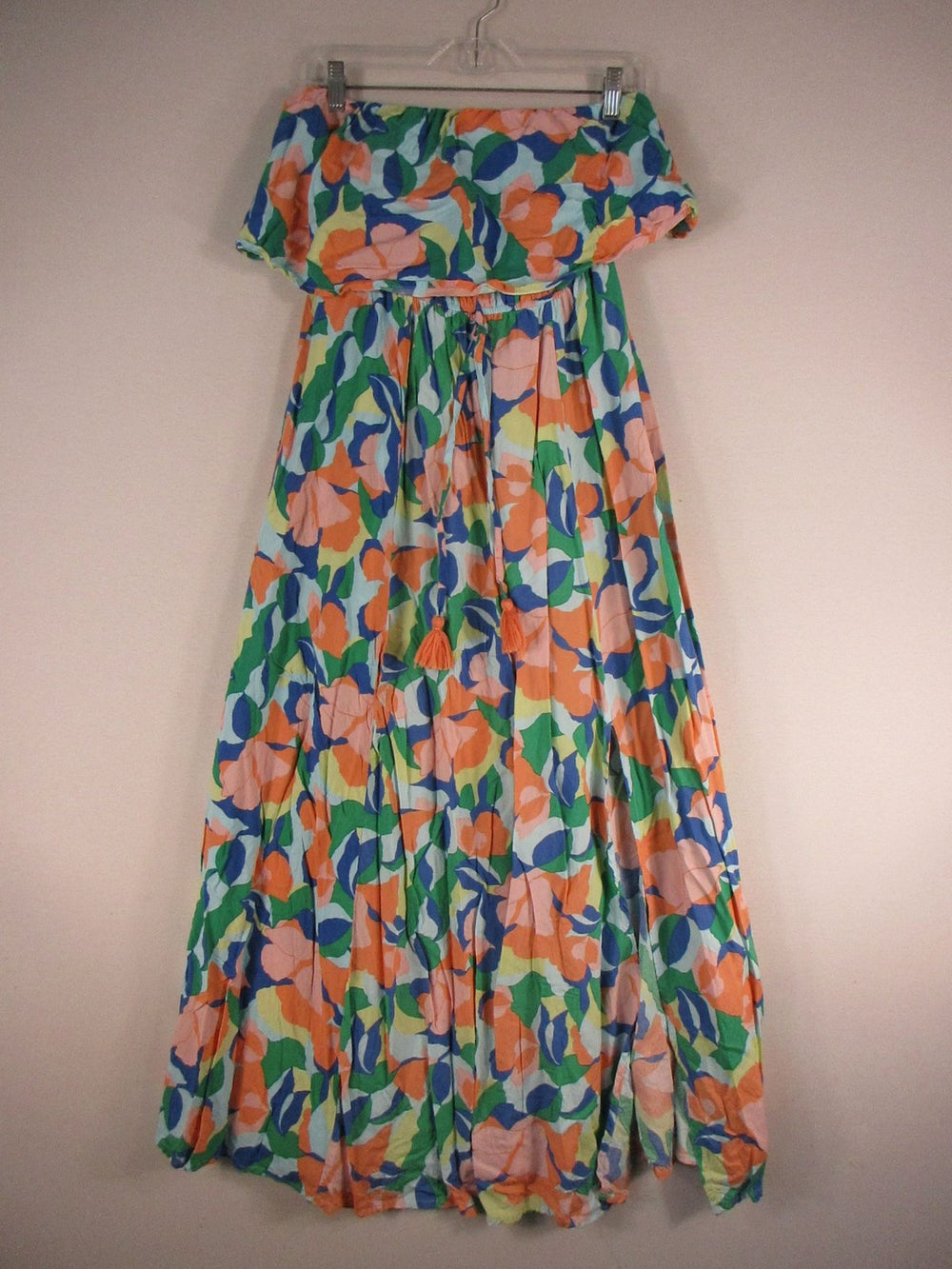 Japna Womens M Strapless Maxi Dress Rayon Floral Tie Waist Boho Tiered Long