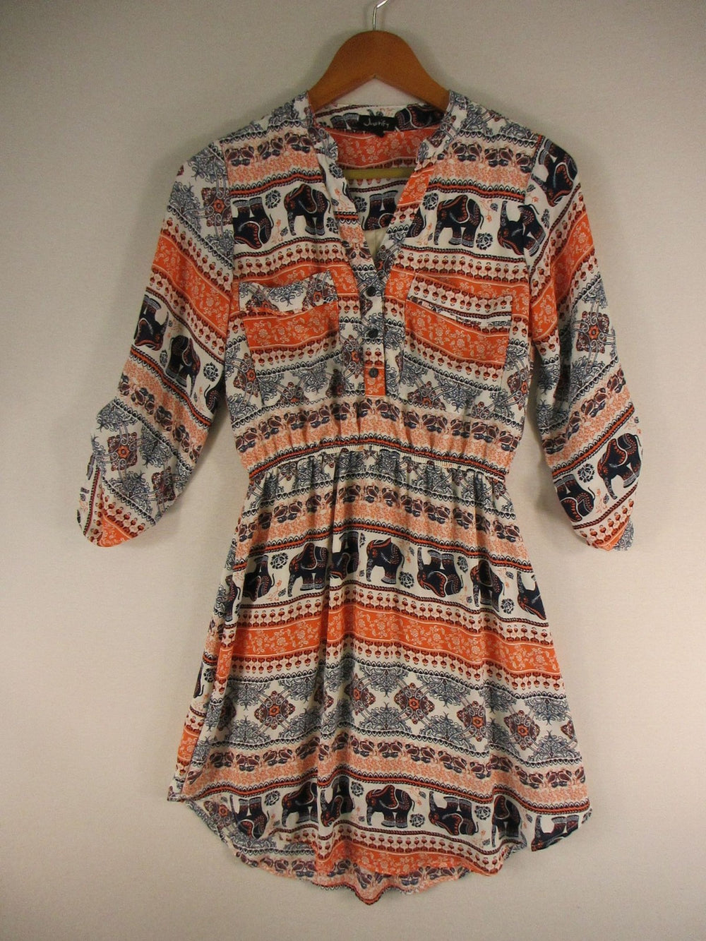 Justify Dress Womens M Boho Elephant Print Elastic Waist Henley Tunic Orange