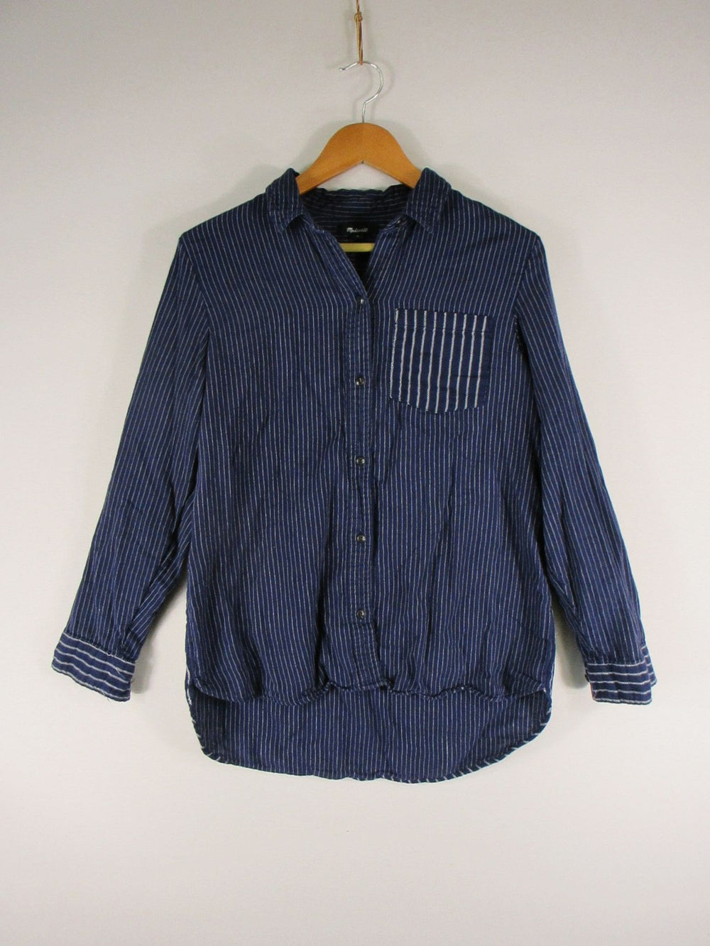 Madewell Shirt Womens M Navy White Stripe Long Sleeve Button Front Pocket Casual