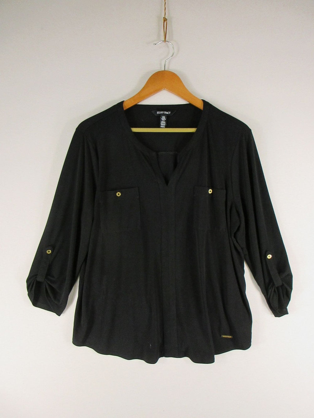 Ellen Tracy Blouse Womens XL Black 3/4 Sleeve Pocket Button Detail Tunic Casual