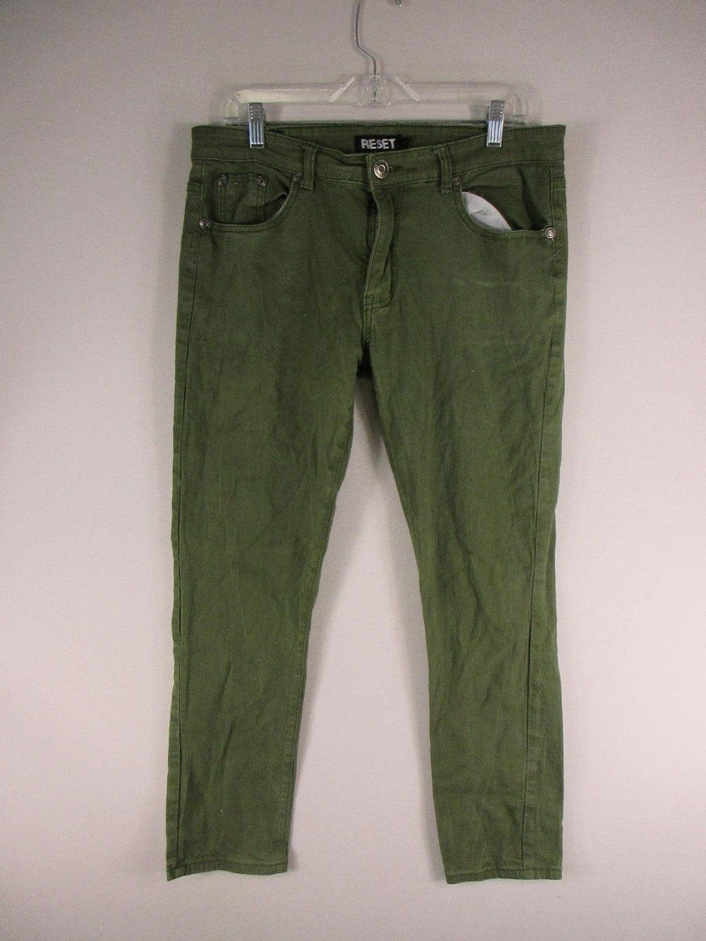 RESET Jeans Mens 36x32 Olive Green Slim Straight Casual Pants Five Pocket Button