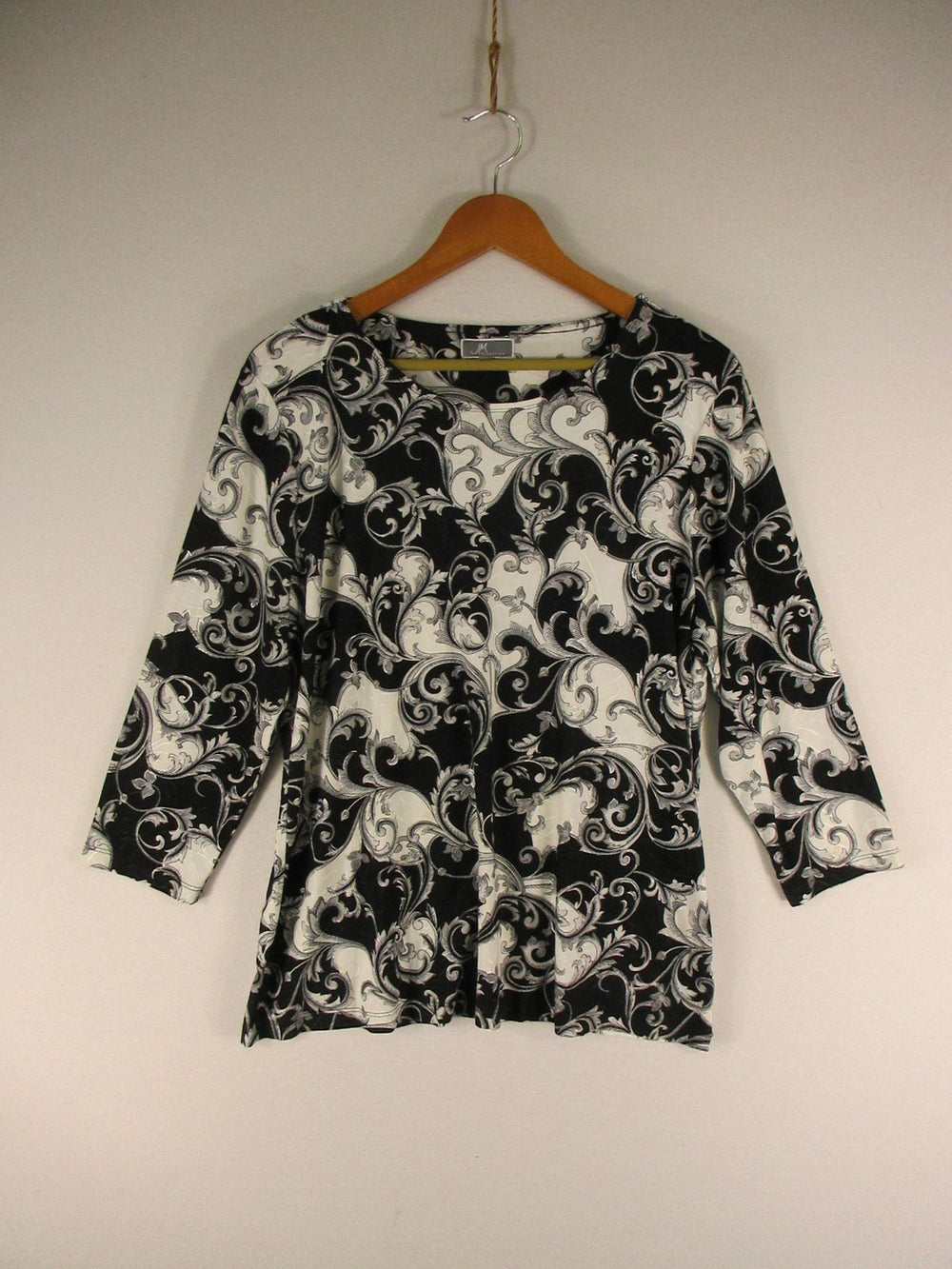 JM Collection Top Womens XL Black White Scroll Print Boat Neck 3/4 Sleeve Tunic