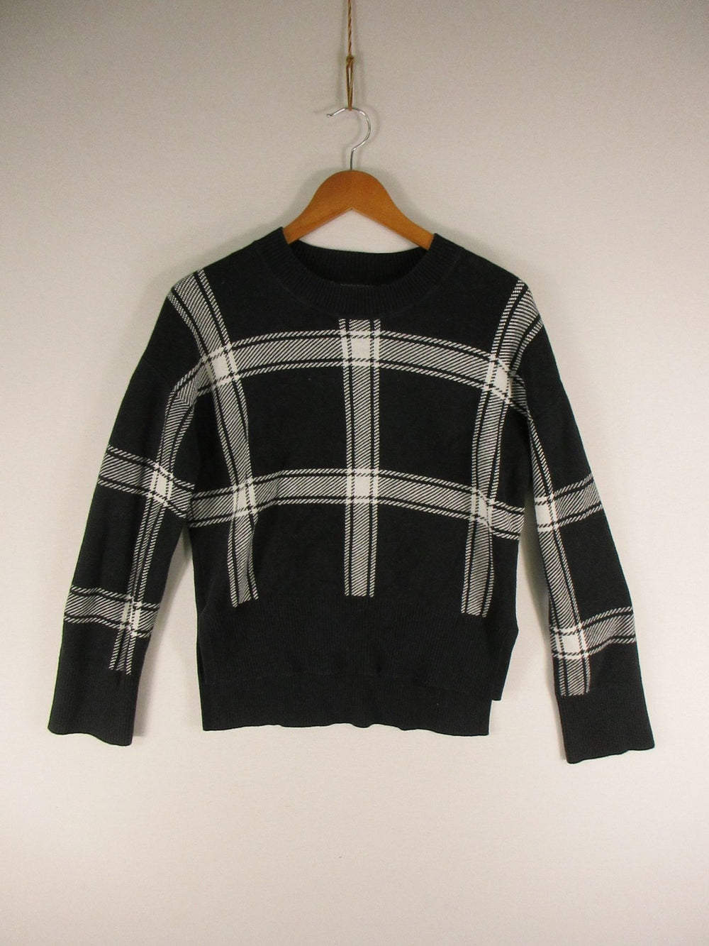 Banana Republic Sweater Womens S Black White Plaid Crewneck Pullover