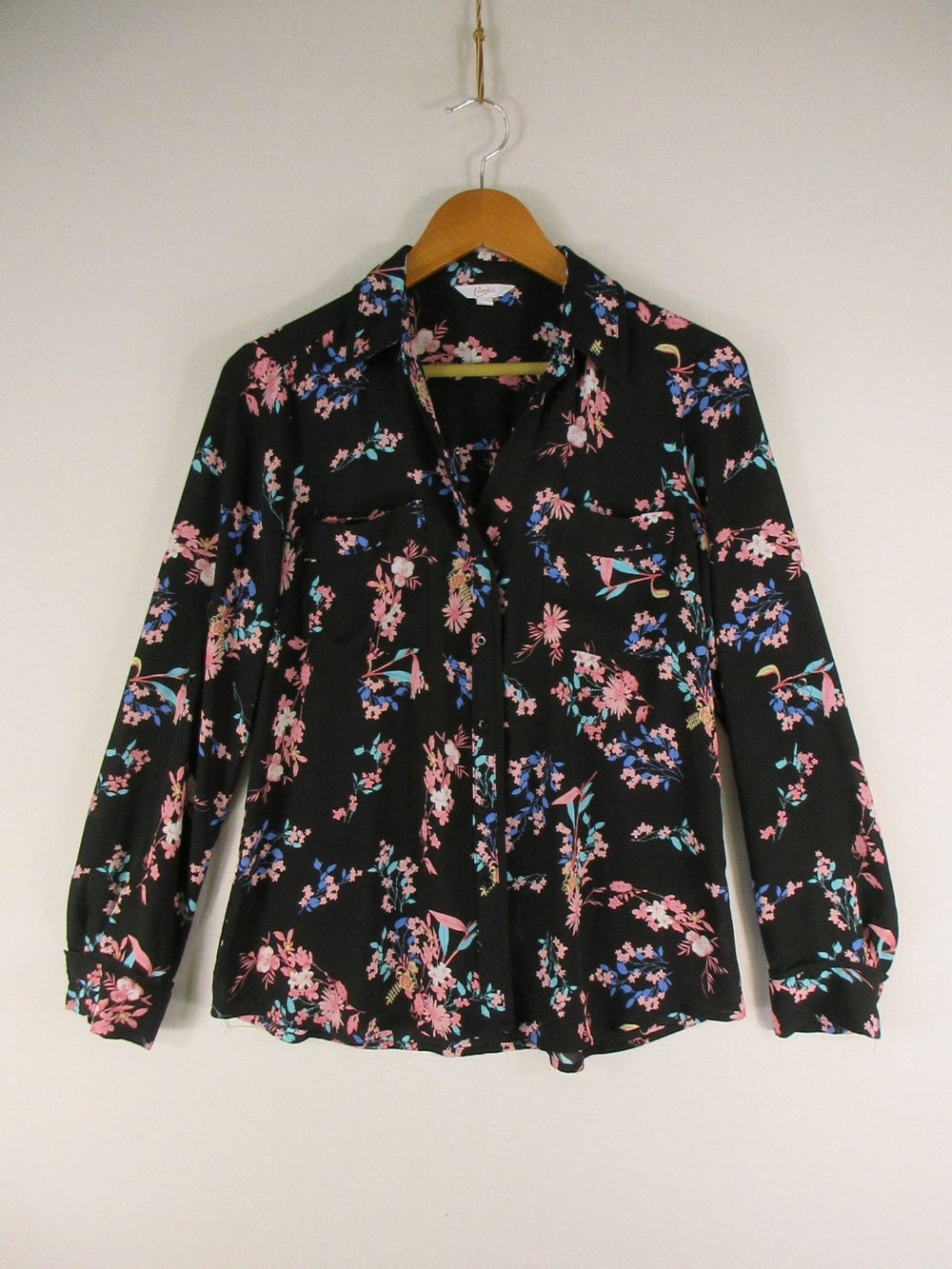 Candies Blouse Womens L Black Floral Long Sleeve Button Up Shirt Lightweight