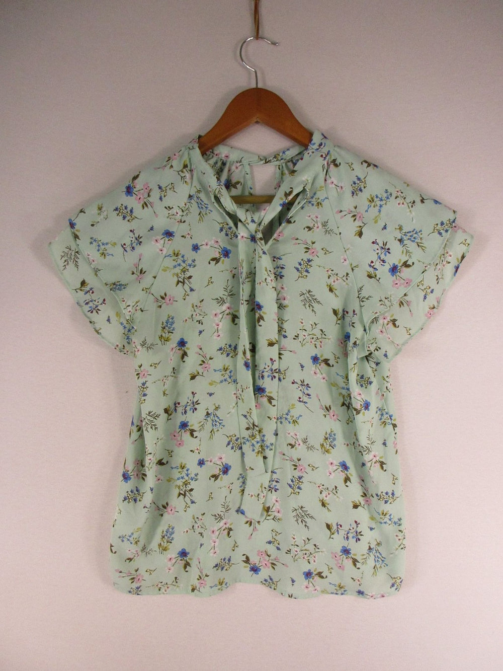 Floral Tie Neck Blouse Womens S Mint Green Short Sleeve Bow Tie Lightweight Top