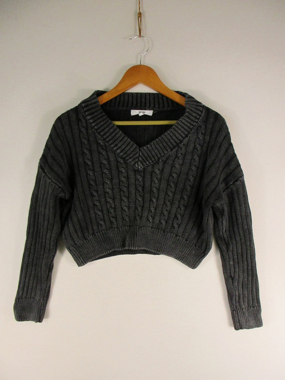 Madden NYC Sweater Womens XL Cropped Cable Knit V-Neck Ribbed Dark Gray Pullover