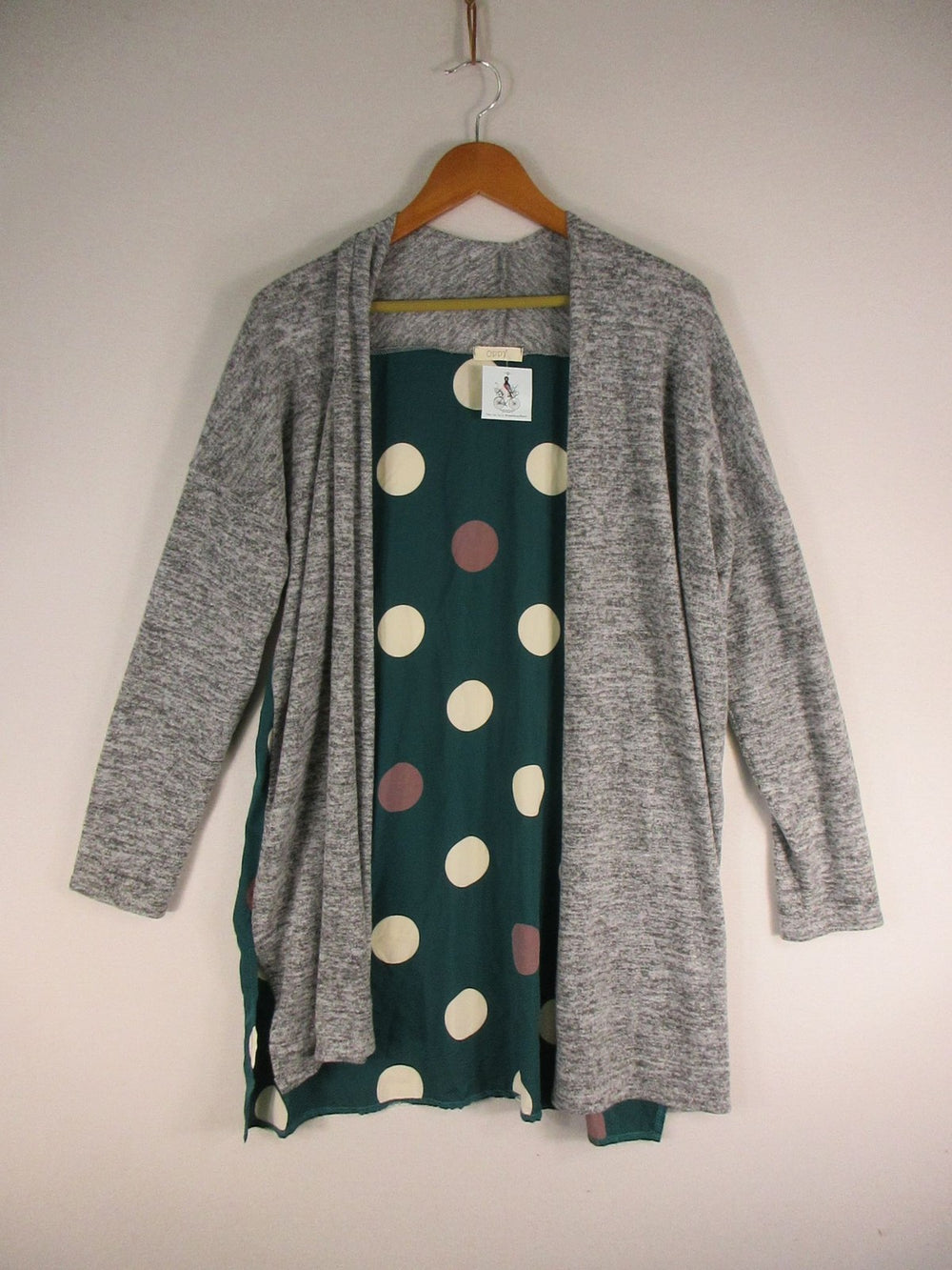 Oddy Cardigan Womens Large Gray Hunter Green Dots Print Open Front Long Duster
