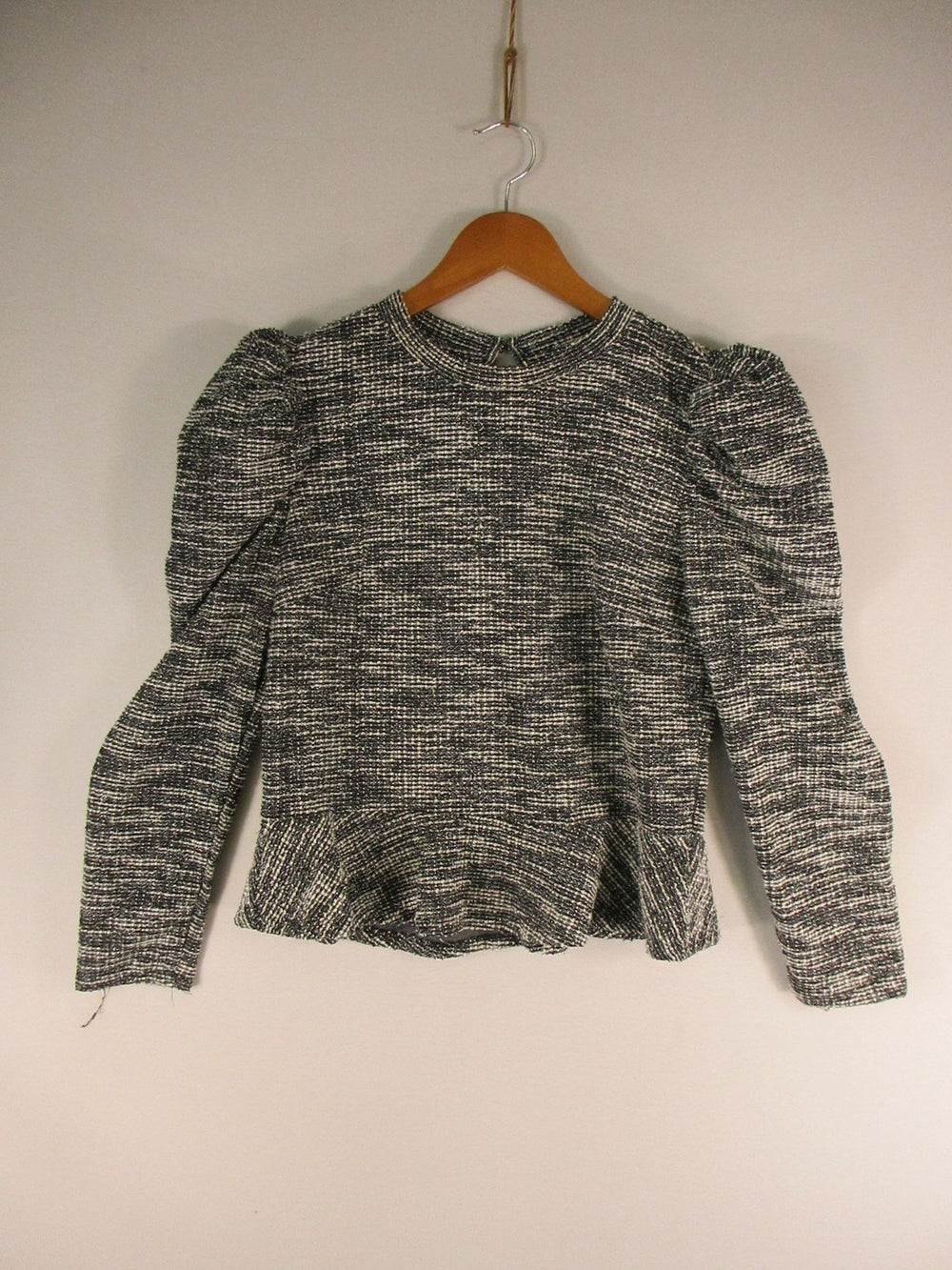 Nine West Sweater Jacket Womens L Black White Tweed Textured Peplum Puff Sleeve