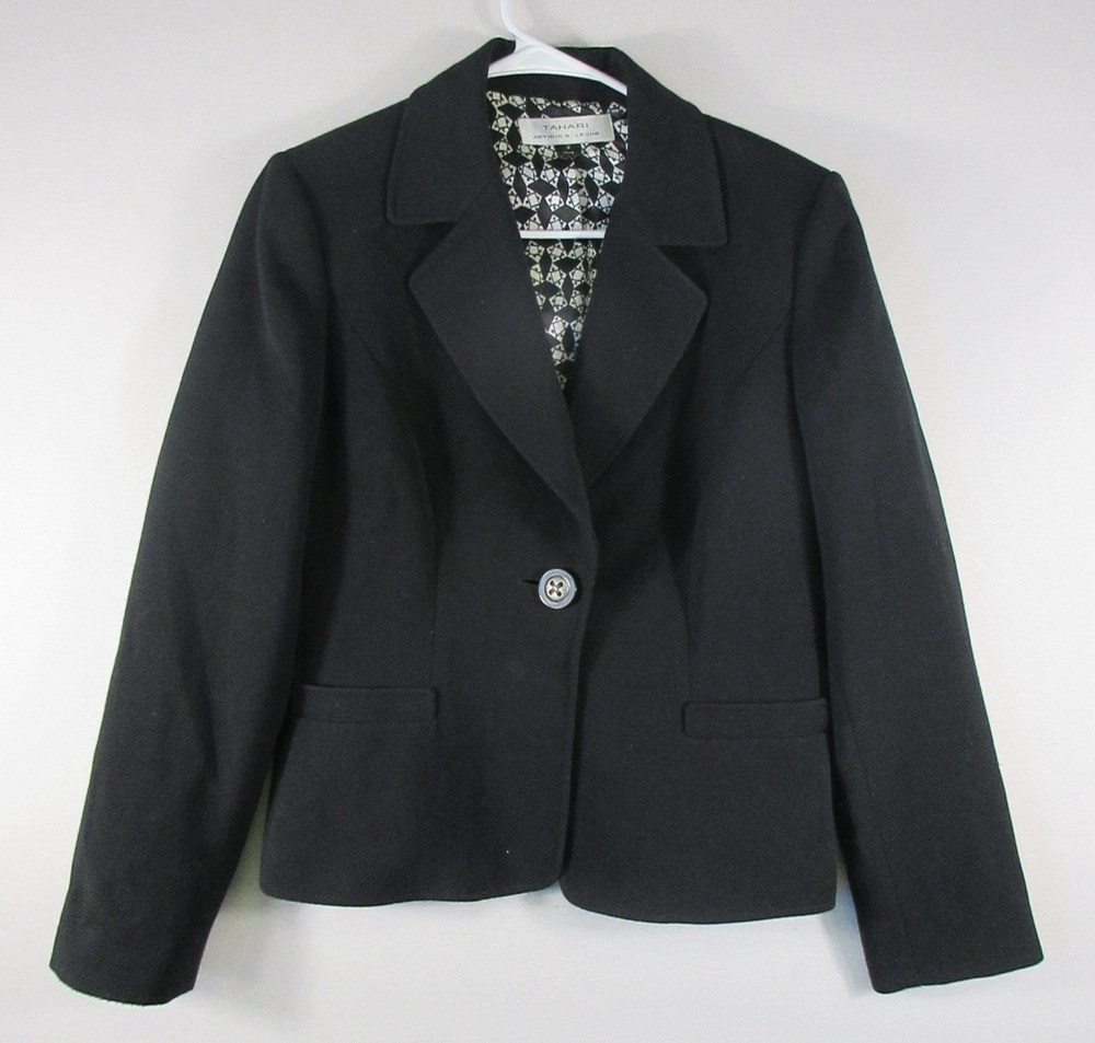 Tahari Womens Single Breasted Blazer Long Sleeve Notched Collar Size 8 Black