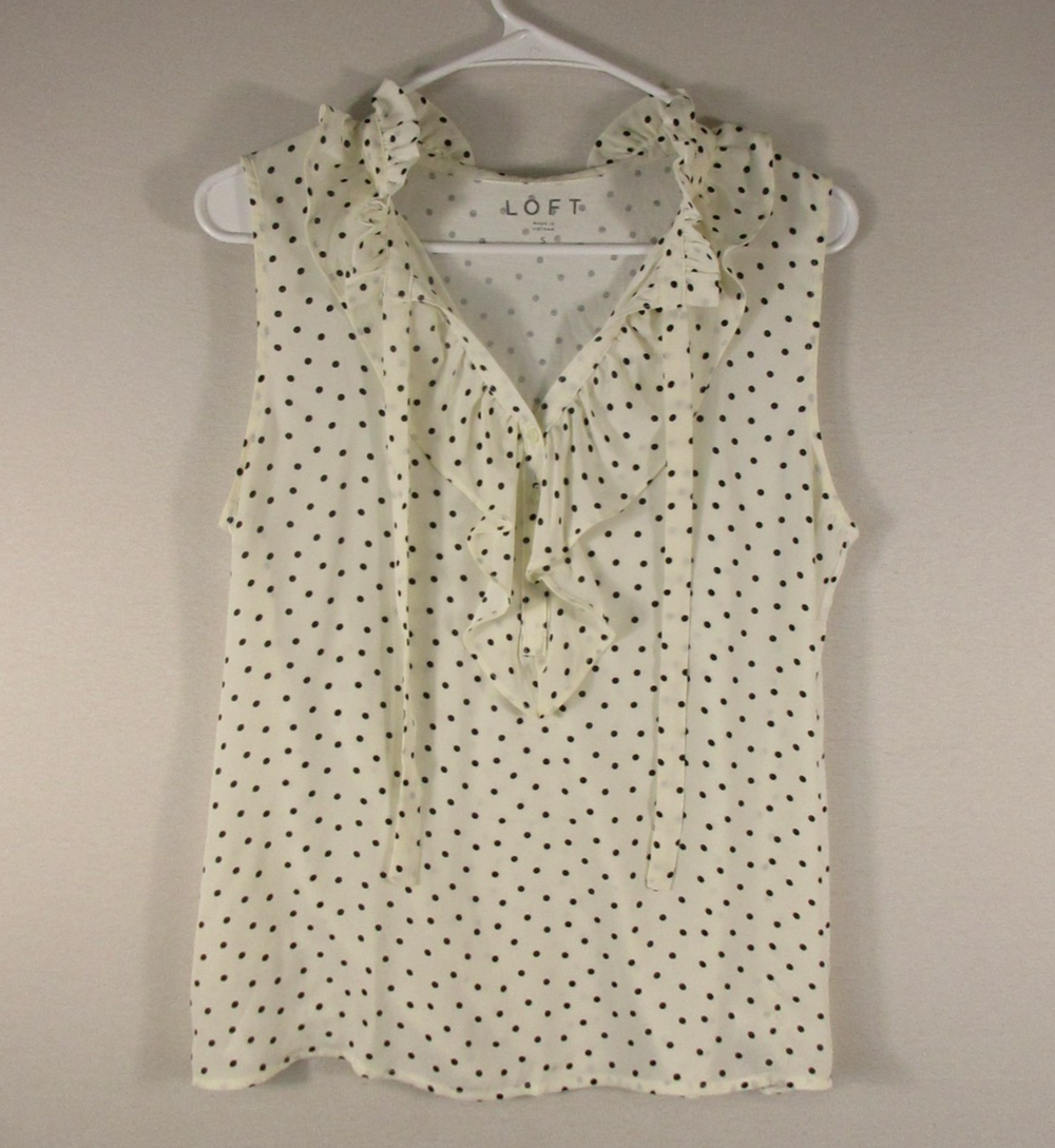 Ann Taylor Loft Womens Polka Dot Blouse Ruffle Neck Sleeveless Size S White