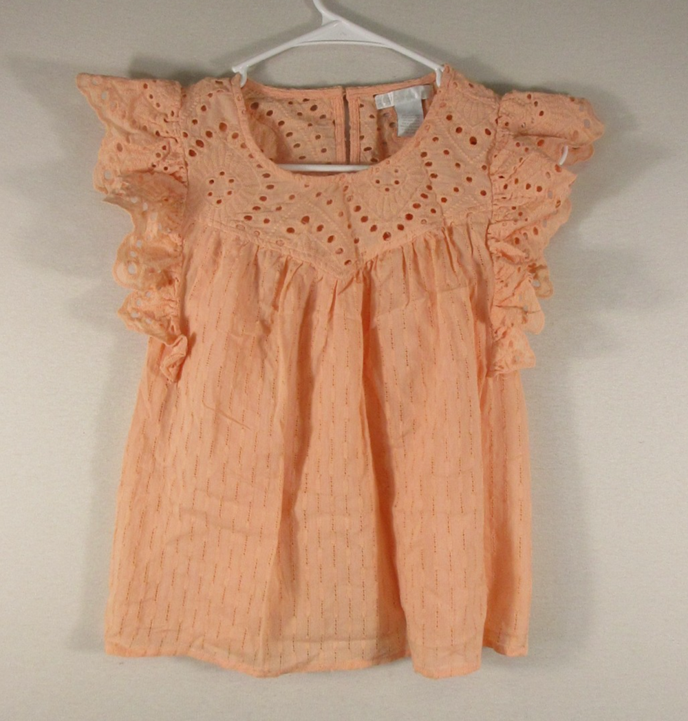 Design History Womens 100% Cotton Crew Neck Blouse Ruffle Sleeve Size S Orange