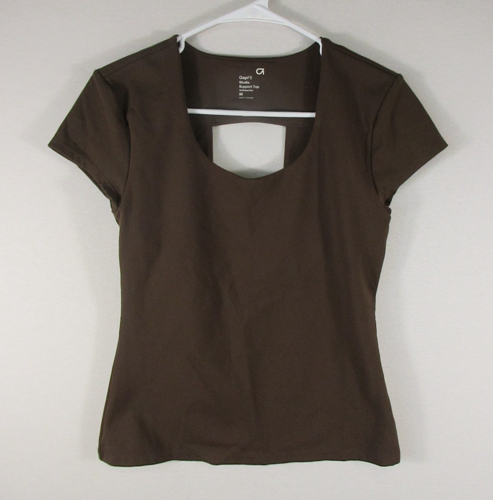 GapFit Studio Womens Casual Scoop Neck Support Top Short Sleeve Size M Brown