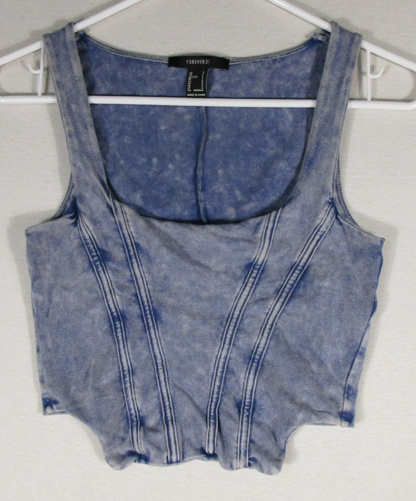 Forever 21 Womens Square Neck Denim Tank Crop Top Sleeveless Size S Blue