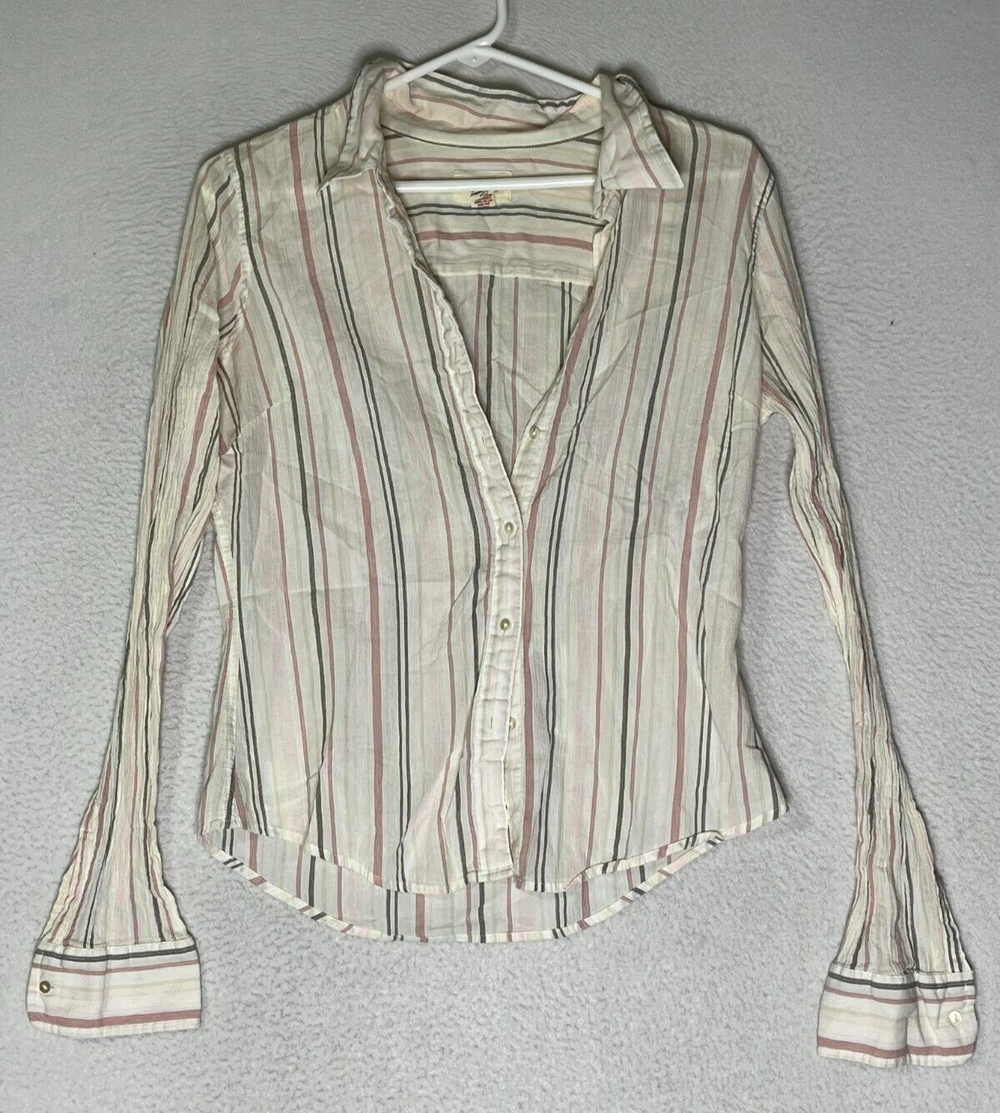 Abercrombie & Fitch Cream Red Striped Cropped Button Up Shirt Womens Size Large