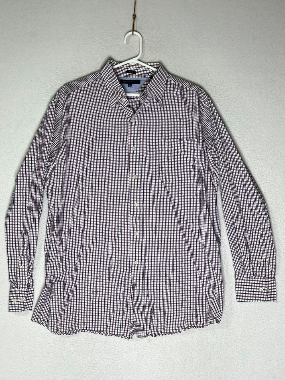 Tommy Hilfiger Red Blue Gingham Button Down Shirt Slim Fit Mens Size 17.5 34-35