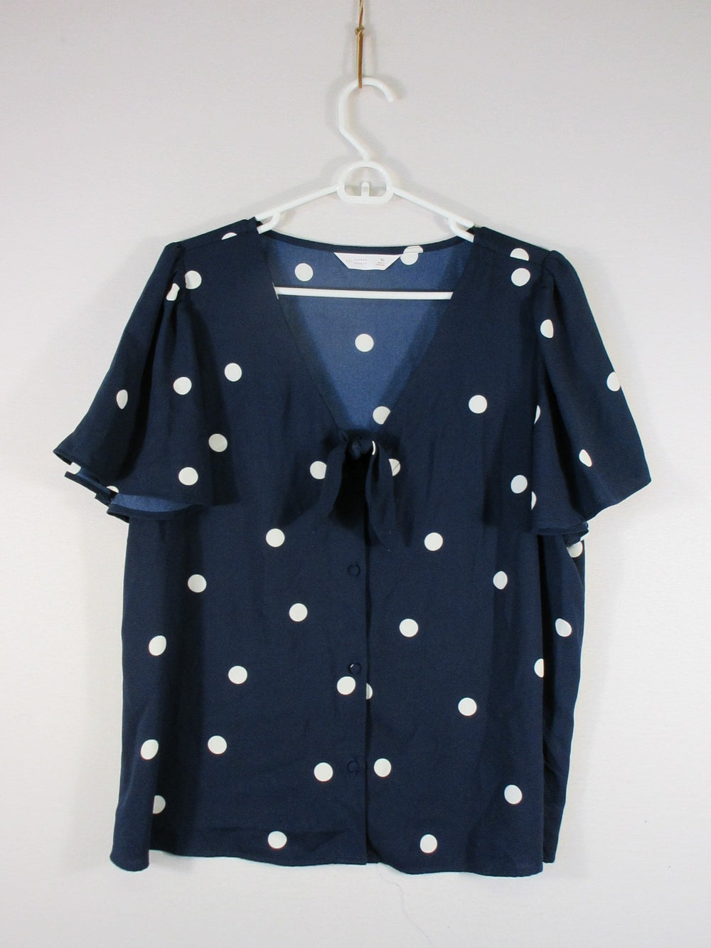 LC Lauren Conrad Womens Tie Front V-Neck Top Polka Dot Flutter Sleeve Sz XL Blue