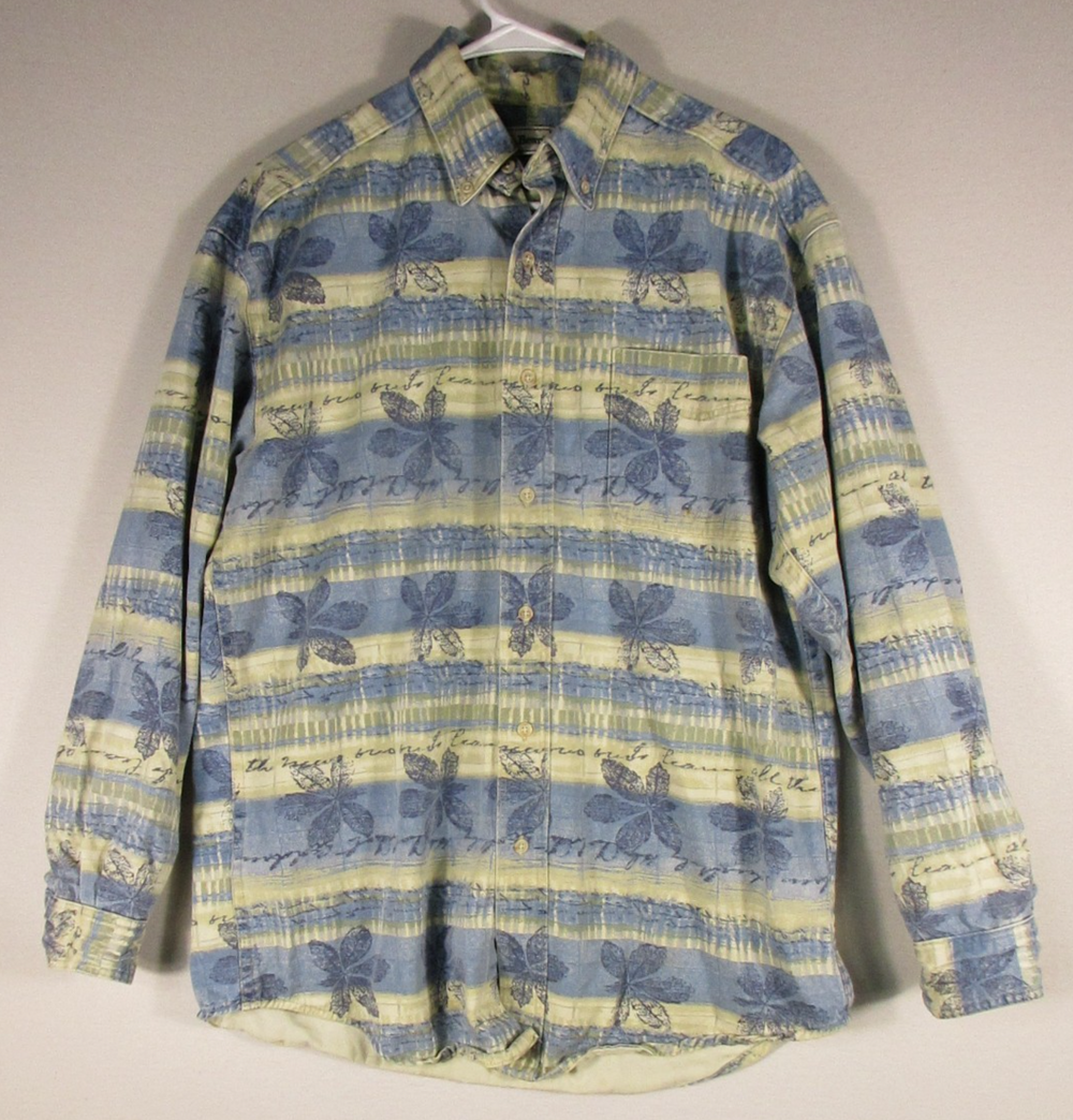 L.L.Bean Mens 100% Cotton Button-Up Floral Shirt Long Sleeve Pockets Size M Blue