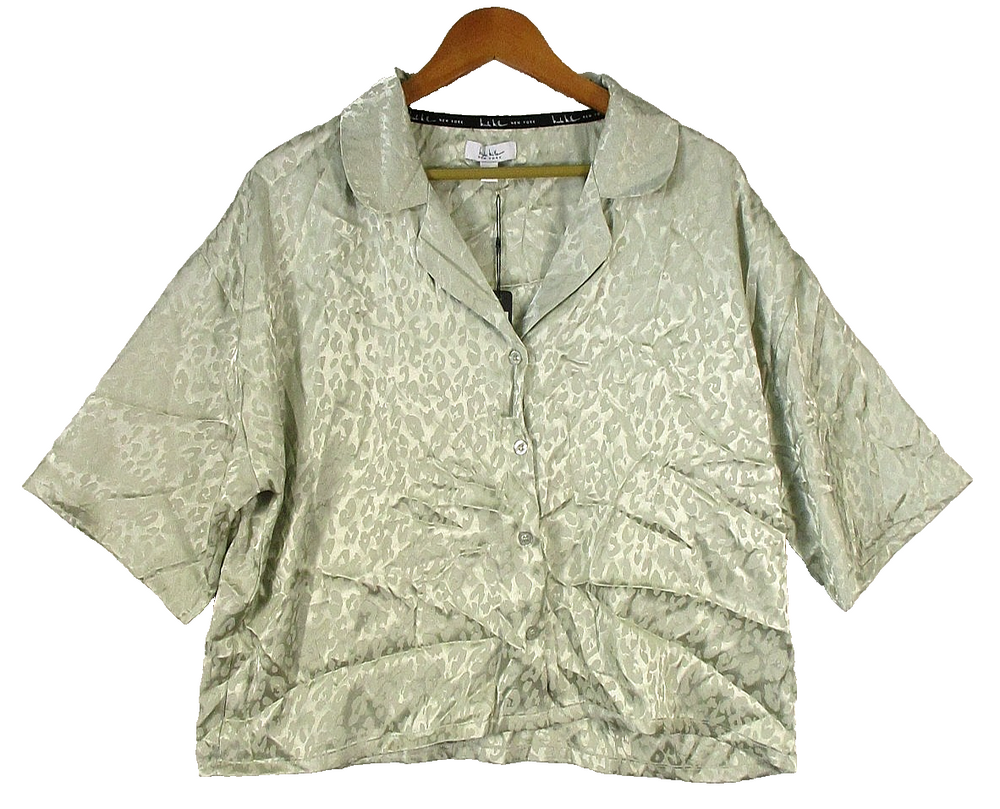 Nicole Miller Womens Button-Up Leopard Shirt Notched Collar Size XL Green