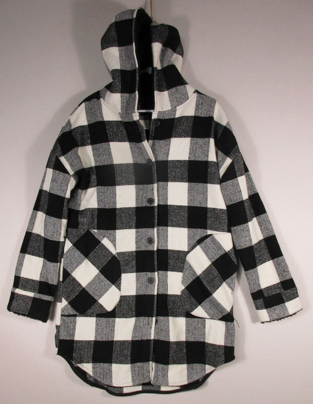 RDI Womens Buffalo Plaid Hooded Coat Jacket Long Sleeve Size M Black/White