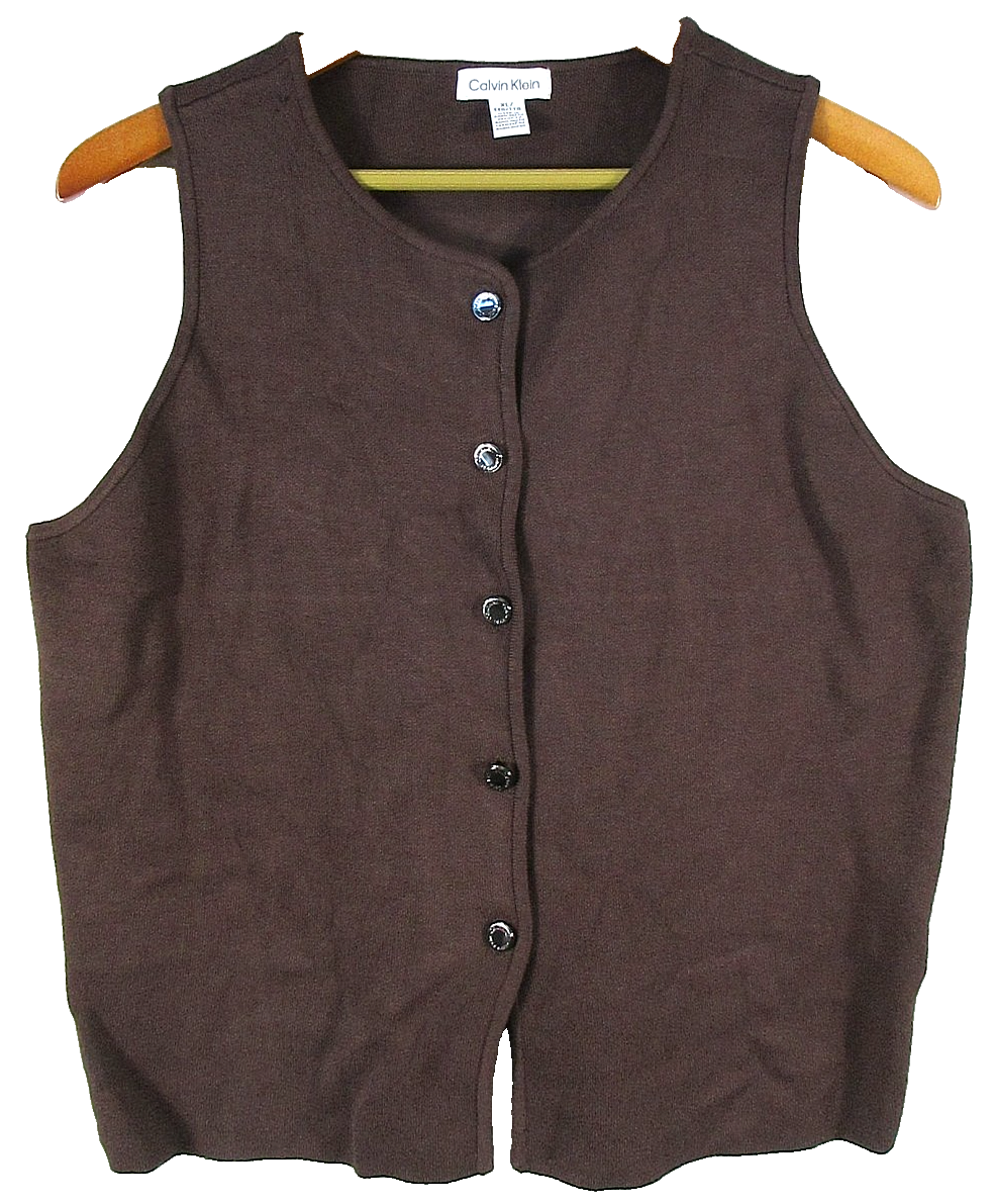 Calvin Klein Womens Button Front Vest Top Crew Neck Sleeveless Size XL Brown