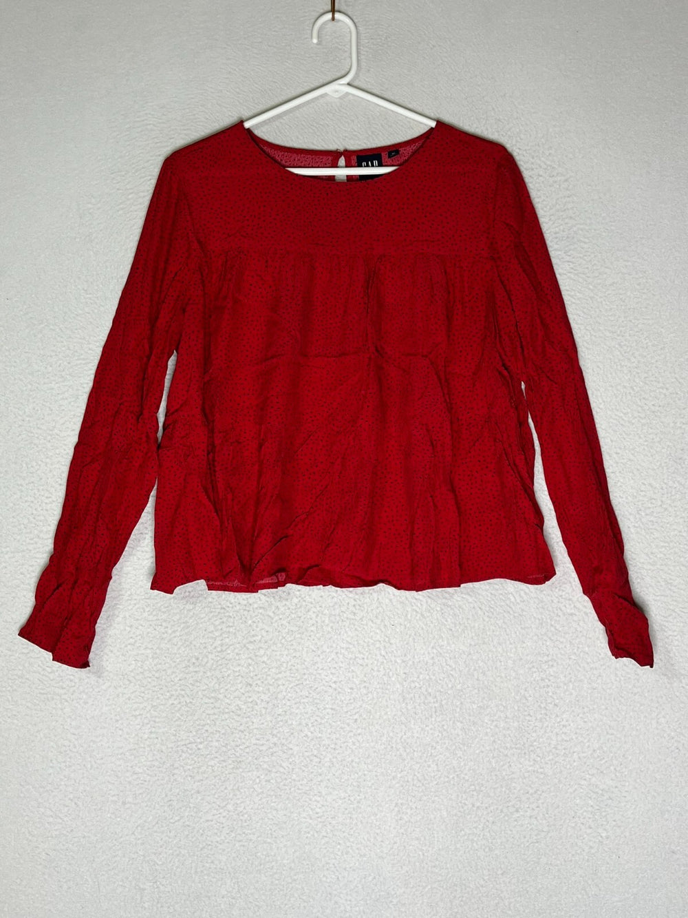Gap Red Black Dash Tiered Long Sleeve Blouse Top Polka Dots Back Keyhole Women M