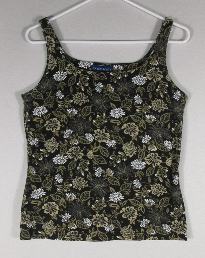 Karen Scott Womens Scoop Neck Floral Tank Top Sleeveeless Size M Black/Green
