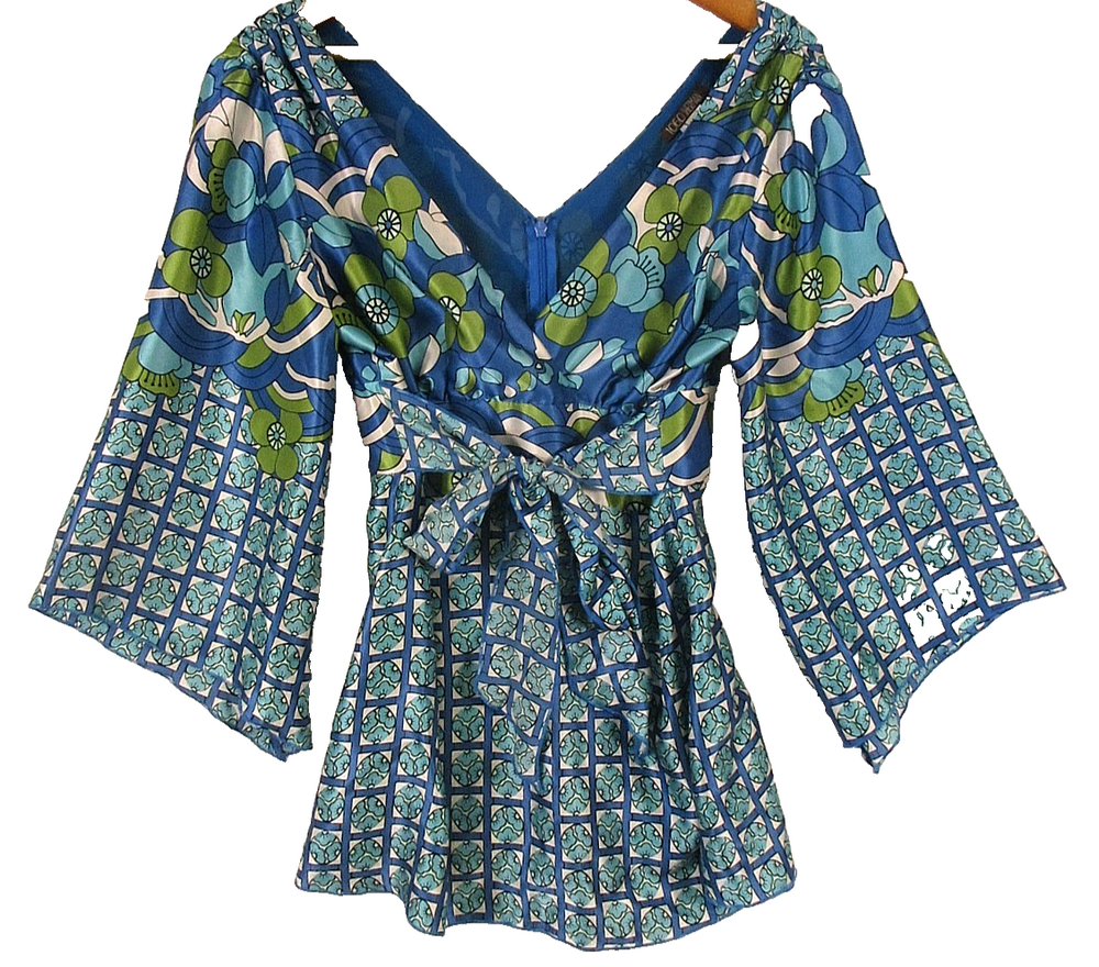 1060 Sherman Womens V-Neck Floral Top Back Zip Kimono Sleeve Size M Blue/Green