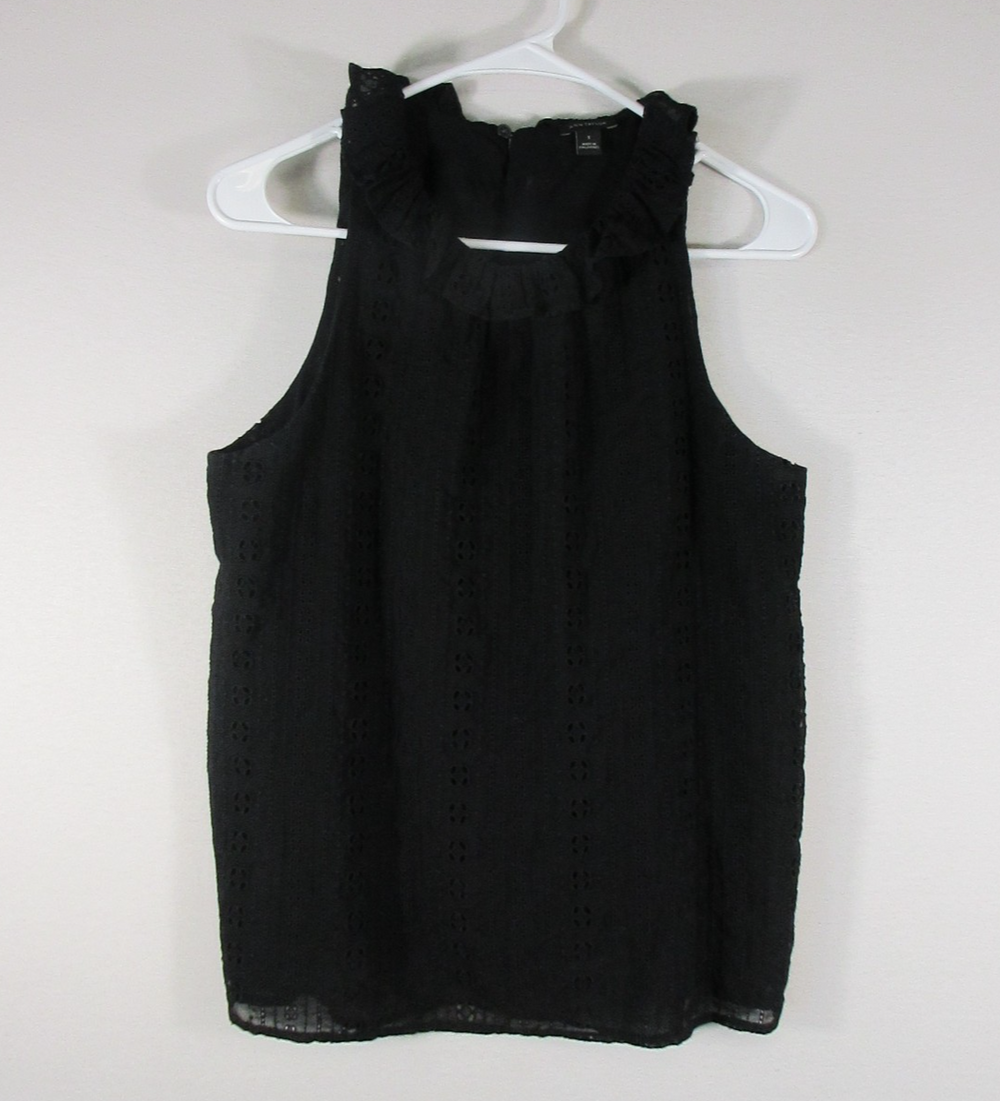 Ann Taylor Loft Womens Crew Neck Floral Top Back Button Sleeveless Size S Black