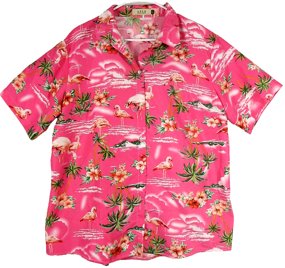 SSLR Women's Button Front Polo Shirt Floral Print Short Sleeve Size 2XL Pink