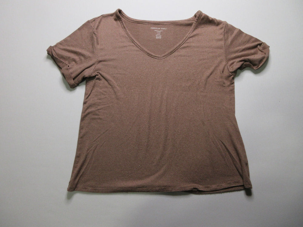 American Eagle Brown Striped V-Neck Knit T-Shirt Short Sleeve Women's Size Large
