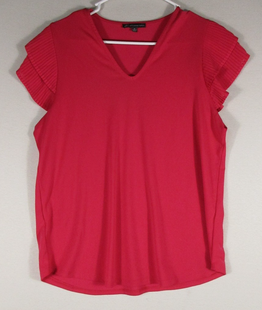 Adrianna Papell Womens Pullover V-Neck Top Regular Fit Short Sleeve Size M Red