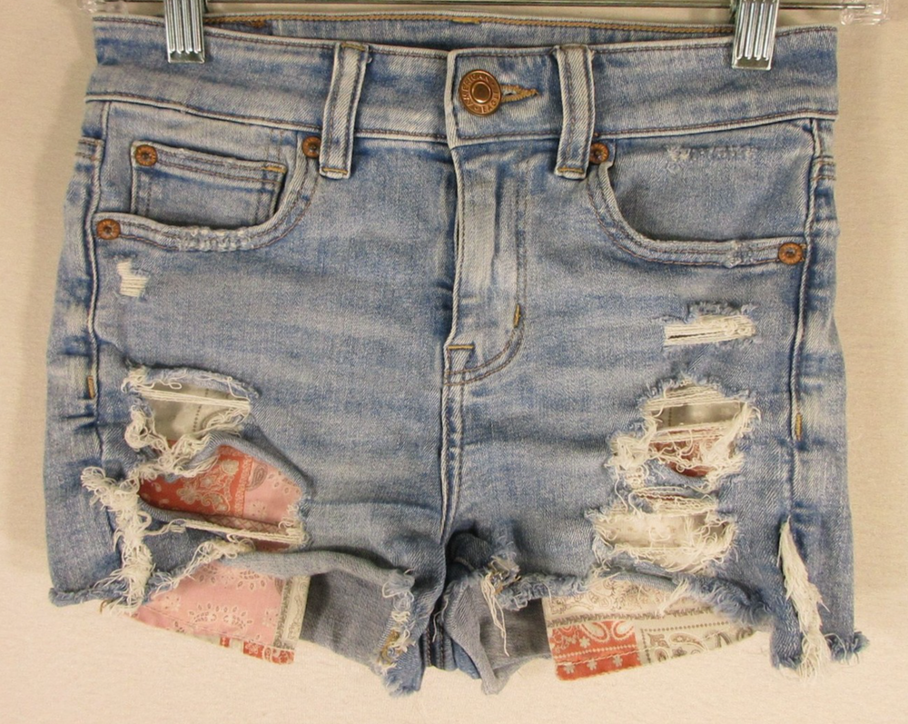 American Eagle Shorts Womens 0 Light Wash Distressed Frayed Denim Bandana Patch