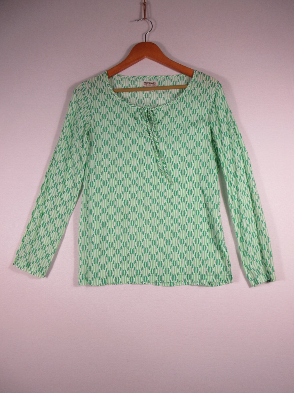 Michael Kors Womens Tie-Front Argyle Print Top Blouse 3/4 Sleeve Size L Green