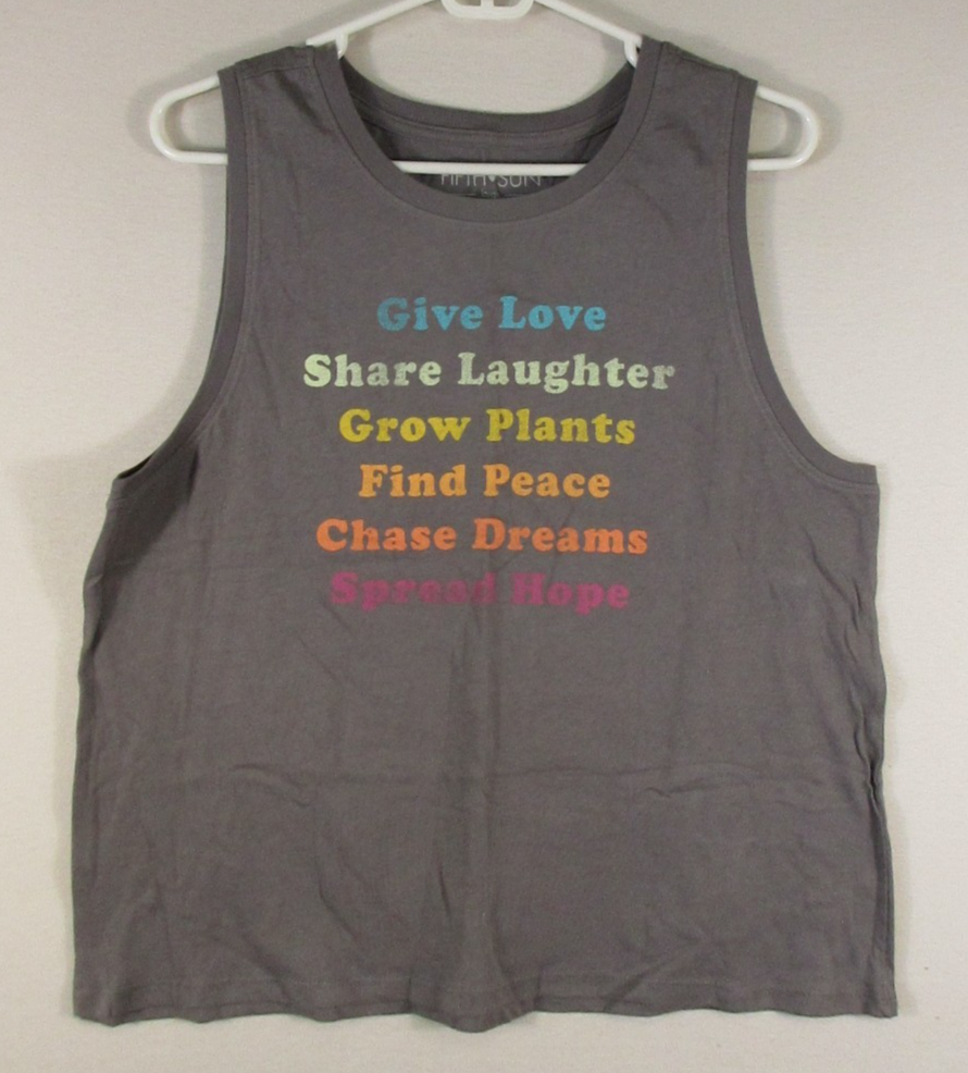Fifth Sun Womens 100% Cotton Graphic Tank Top Crew Neck Sleeveless Size L Gray
