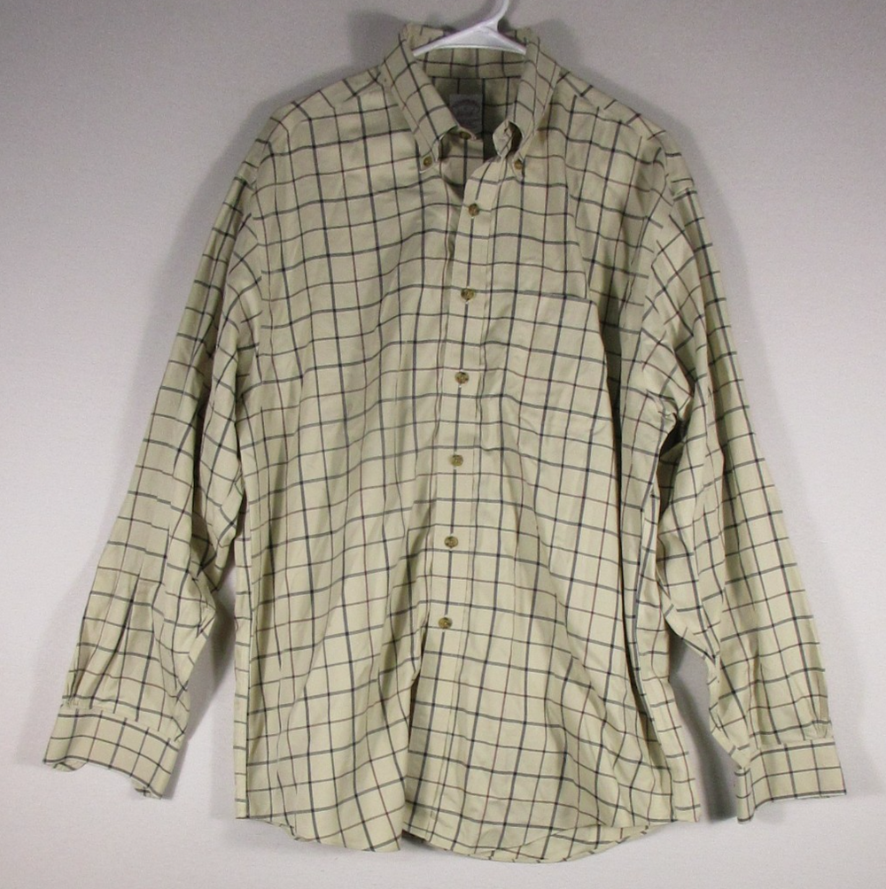 Brooks Brothers Mens The Original Polo Shirt Plaid Print Long Sleeve Sz L Beige