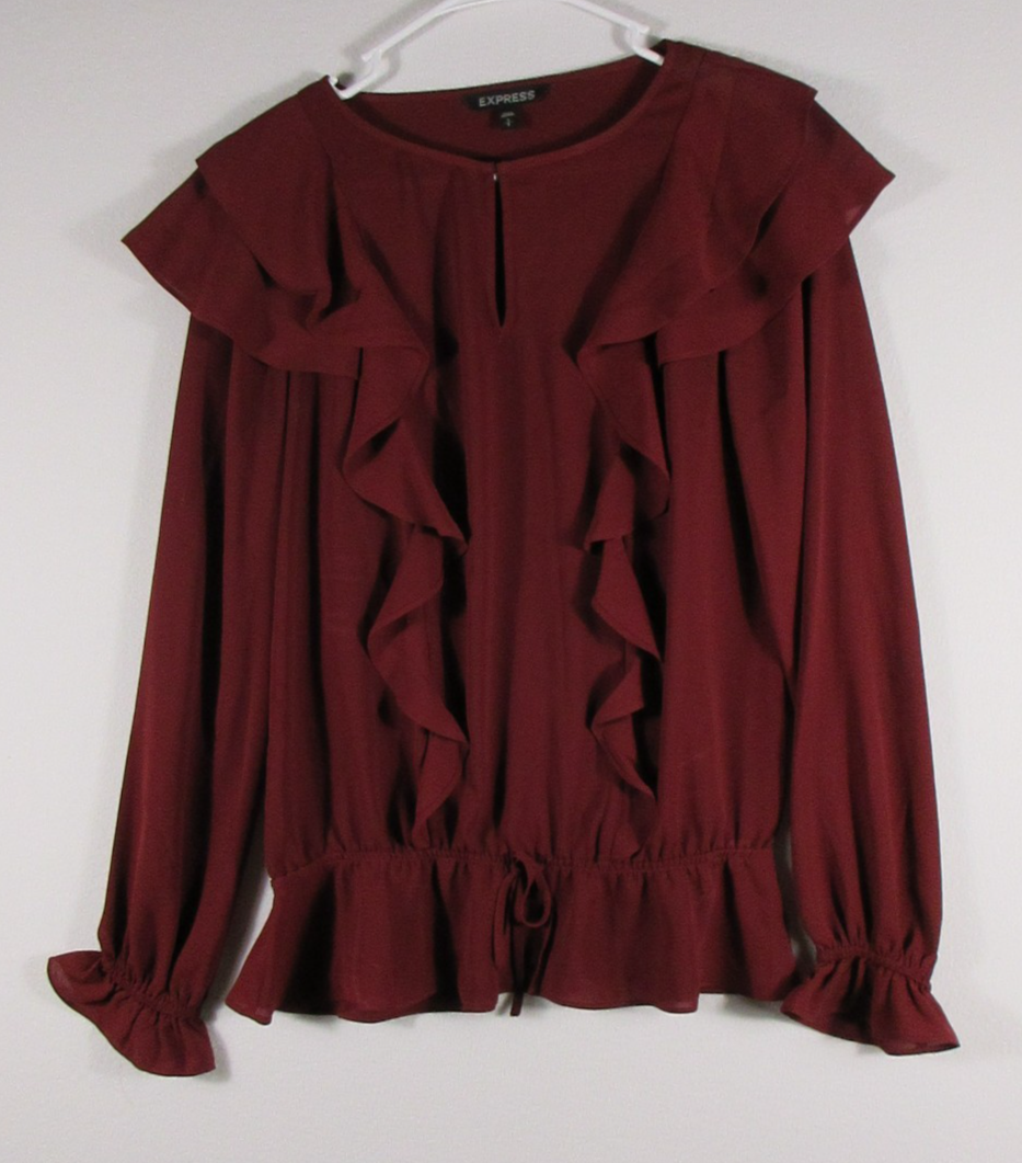 Express Womens Pullover Ruffle Blouse Long Sleeve Crew Neck Size L Purple