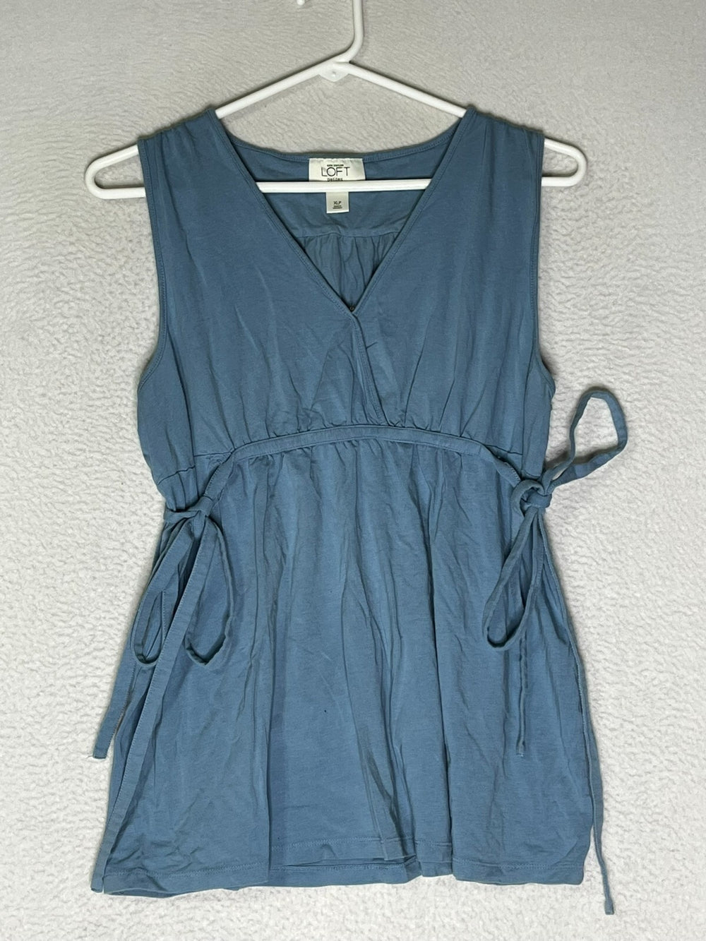 Ann Taylor Loft Blue Tunic Tank Top Tie Waist Pleated V Neck Womens Size XLP