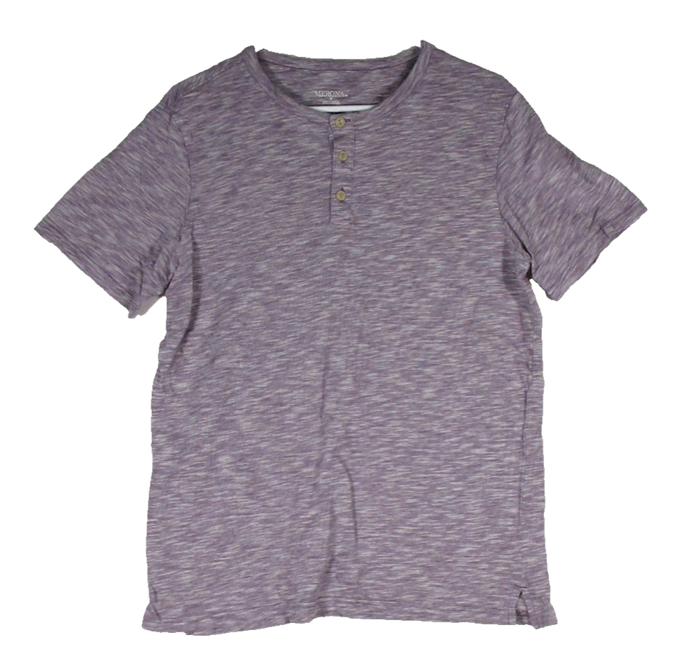 Merona Mens Button Up T-Shirt Short Sleeve Crew Neck Size M Heathered Purple