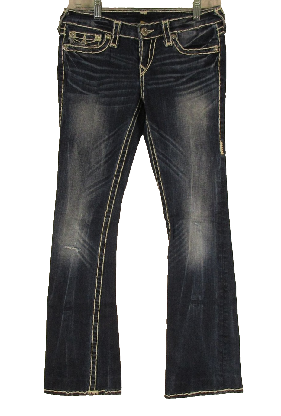 True Religion Jeans Womens 27 Dark Blue Bootcut Distressed White Stitch Pockets