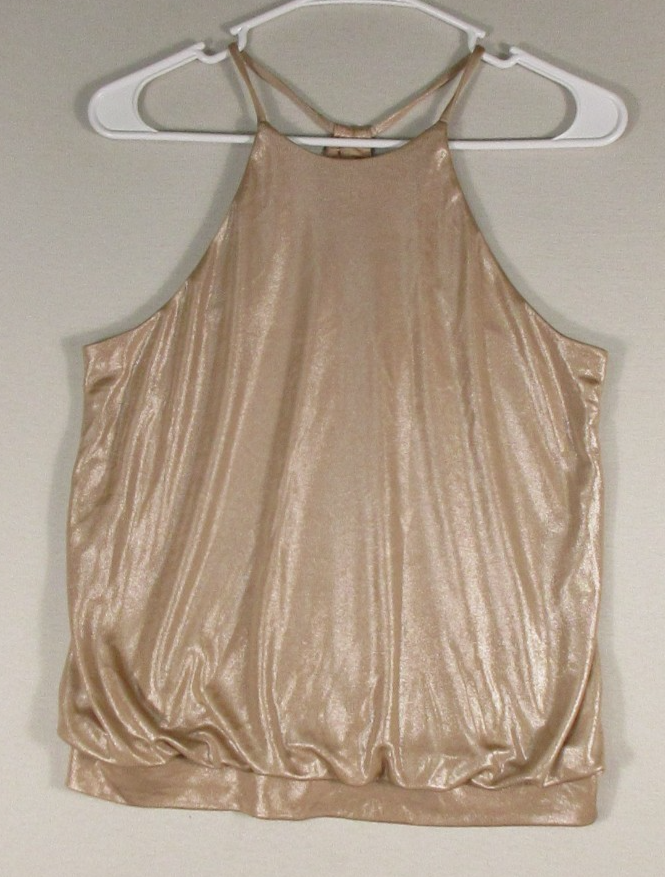 Express Womens Gold Shimmer Sleeveless Blouse Back Slit Strap Size S Pink