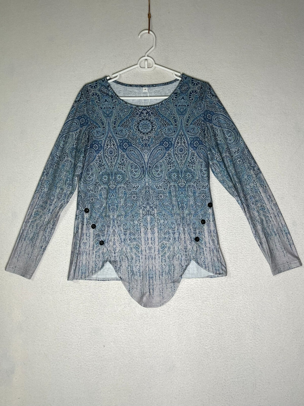 Vintage Blue Ombre Fade Luxe Print Tunic Top Long Sleeve Women's Size Small