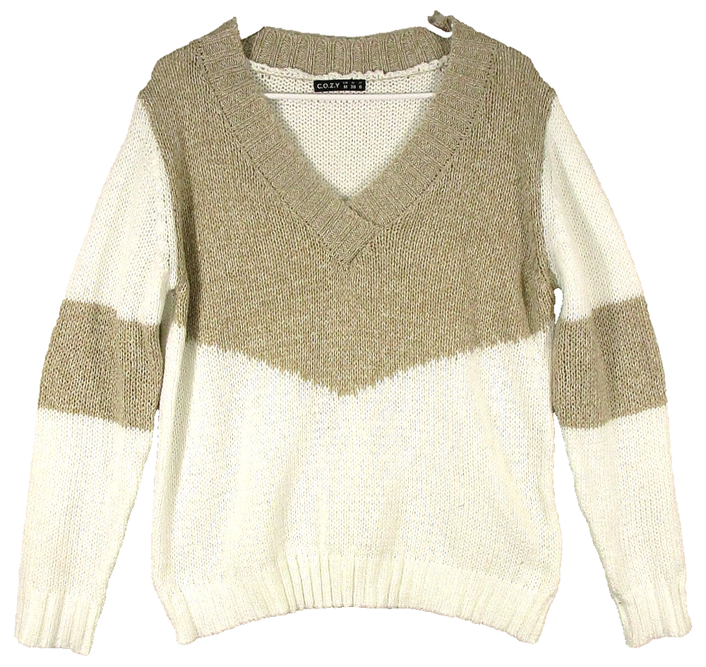 C.O.Z.Y Mens Pullover V-Neck Knit Sweater Long Sleeve Size M White/Beige
