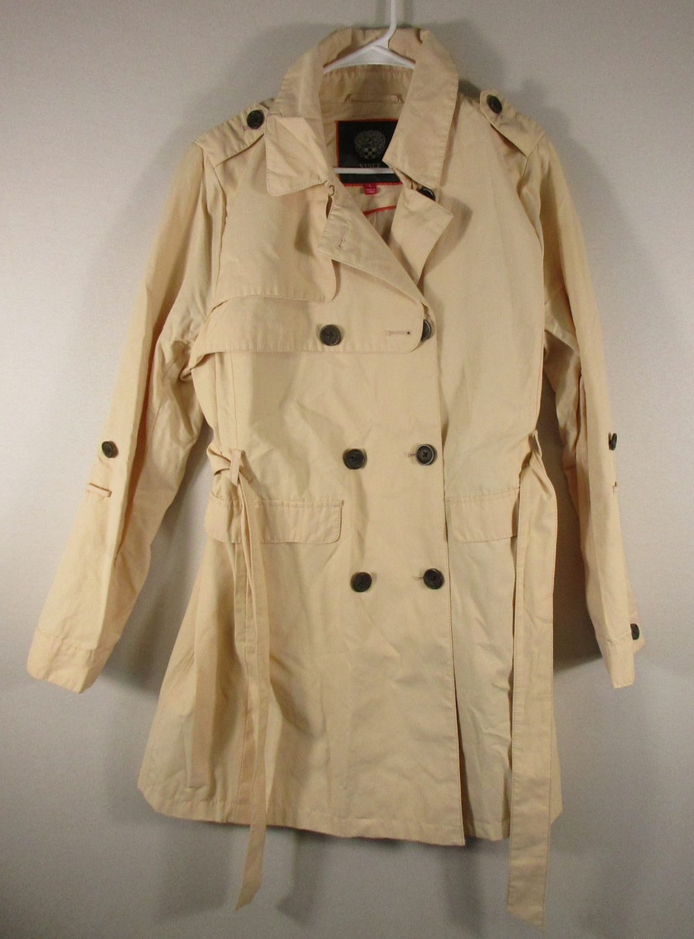 Vince Camuto Womens Double Breasted Trench Coat Long Sleeve Pockets Size L Ivory