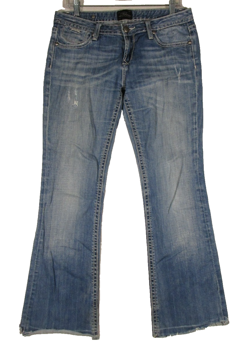 Rerock for Express Womens Denim Bootcut Jeans Low Rise Beltloops Size 33x29 Blue