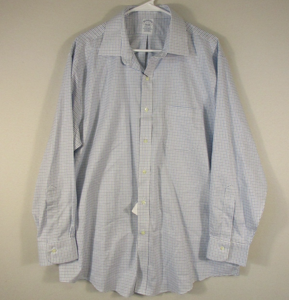 Brooks Brothers Mens Non Iron Stretch Dress Shirt Plaid Print Size 17-33 White