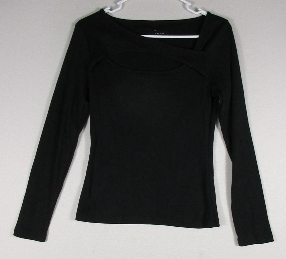 A New Day Womens Asymmetrical Neck Top Ribbed Knit Long Sleeve Size S Black
