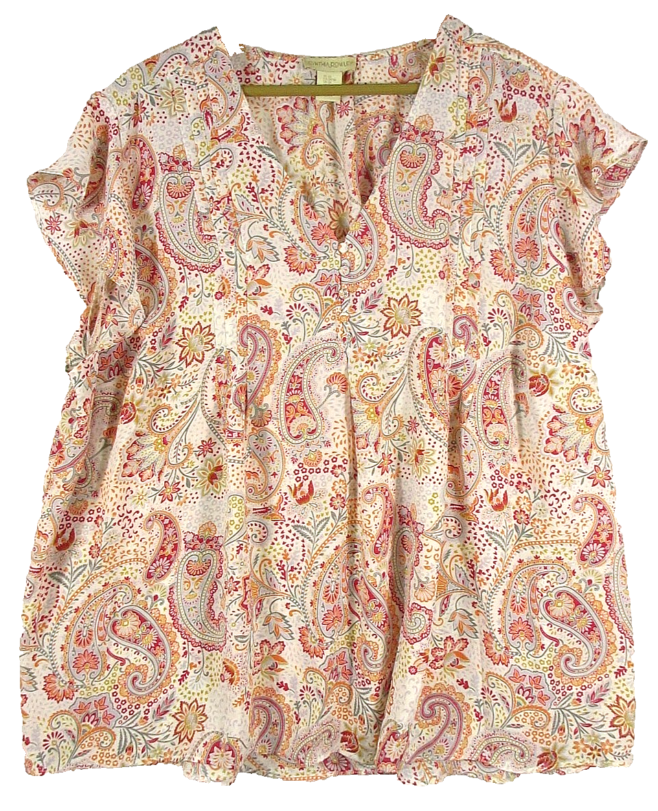 Cynthia Rowley Womens V-Neck Paisley Blouse Flutter Sleeves Size 3X Multicolor