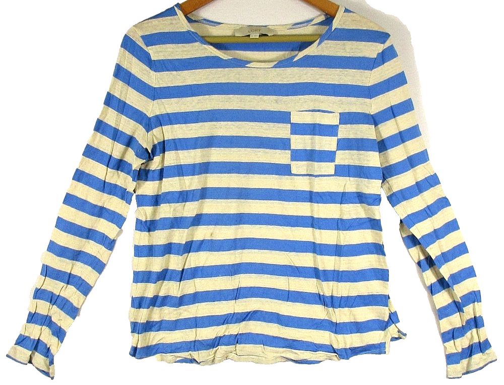 Ann Taylor Loft Womens Crew Neck Striped Shirt Long Sleeve Size M Blue/Beige